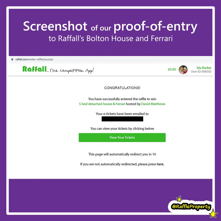 Screenshot of entrant, Ida Barker's proof of entry to Raffall's 5 bedroom house and Ferrari property competition