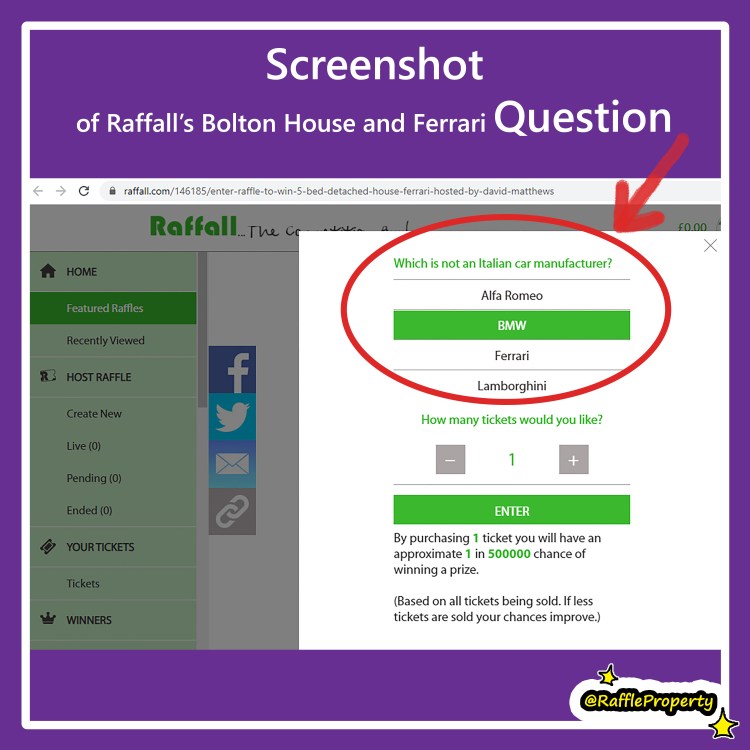 Screenshot by Ida Barker of raffall's 5 bedroom house and Ferrari property competition, showing the competition question and correct answer submitted by entrant Ida Barker