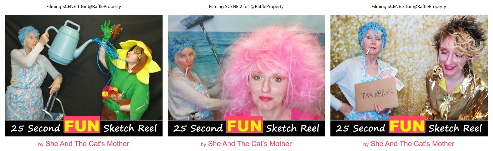 Photos showing 3 behind the scenes of a 25 second FUN video sketch reel, titled: "Best Time to Start Selling Tickets for Property Raffles and House Competitions". Performed and produced by mother and daughter, Gwen Hullah and Ida Barker from She And The Cat's Mother