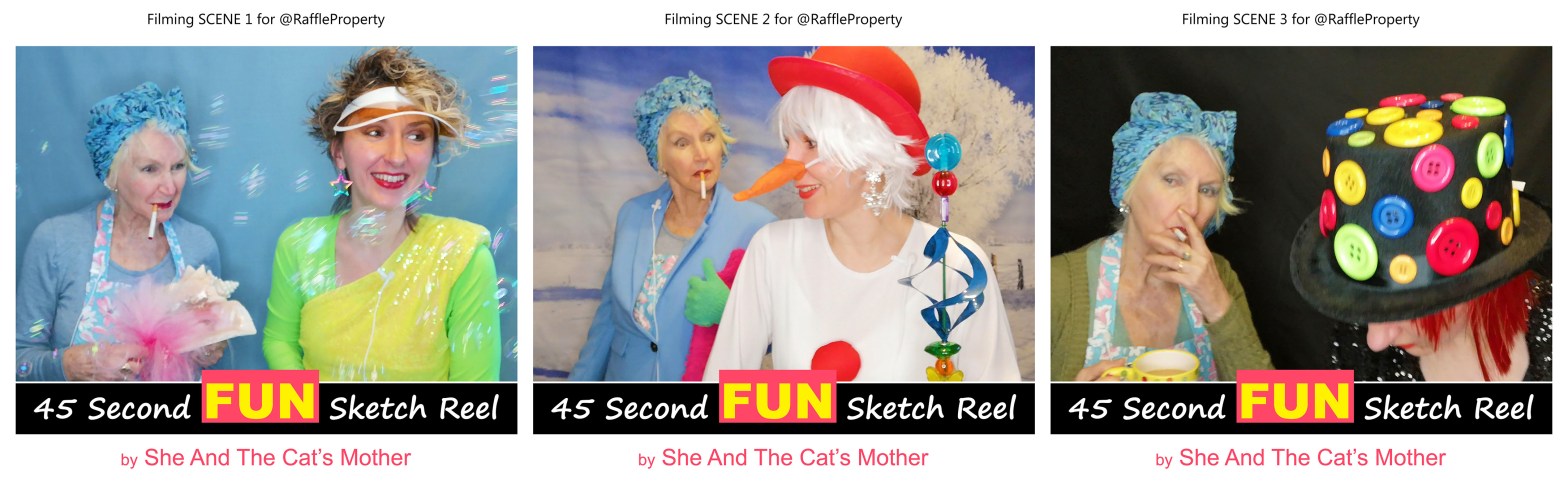 Photos showing 3 behind the scenes of a 45 second FUN video sketch reel, titled: "The difference between a property raffle and a house competition". Performed and produced by mother and daughter, Gwen Hullah and Ida Barker from She And The Cat's Mother