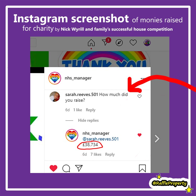 Instagram screenshot by Raffle Property network, showing the total amount of monies raised for Mid Yorkshire Hospitals NHS charities via Nick Wyrill's successful house competition via Raffall platform; July 2021