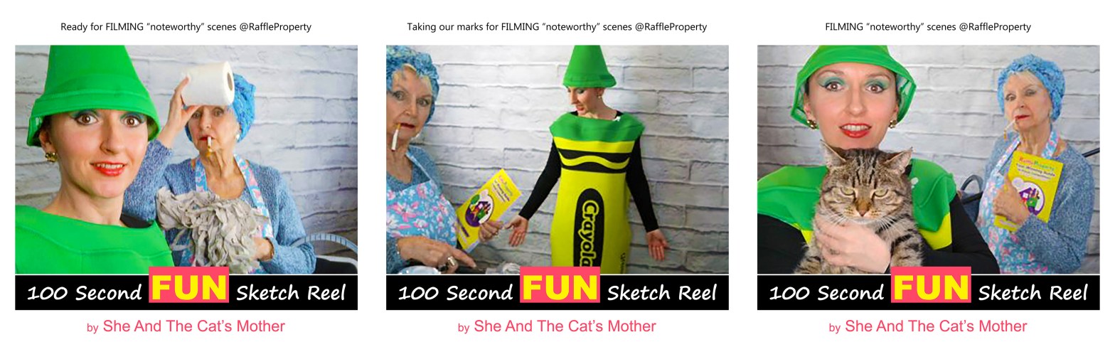 Photos showing 3 behind the scenes of a 100 second FUN video sketch reel, titled: "Noteworthy, Choice Your Chance of Successfully Winning a House". Performed and produced by mother and daughter, Gwen Hullah and Ida Barker from She And The Cat's Mother; guest appearance from their tabby cat, Purrdey (Ida is dressed as a green Crayola; fancy dress outfit)